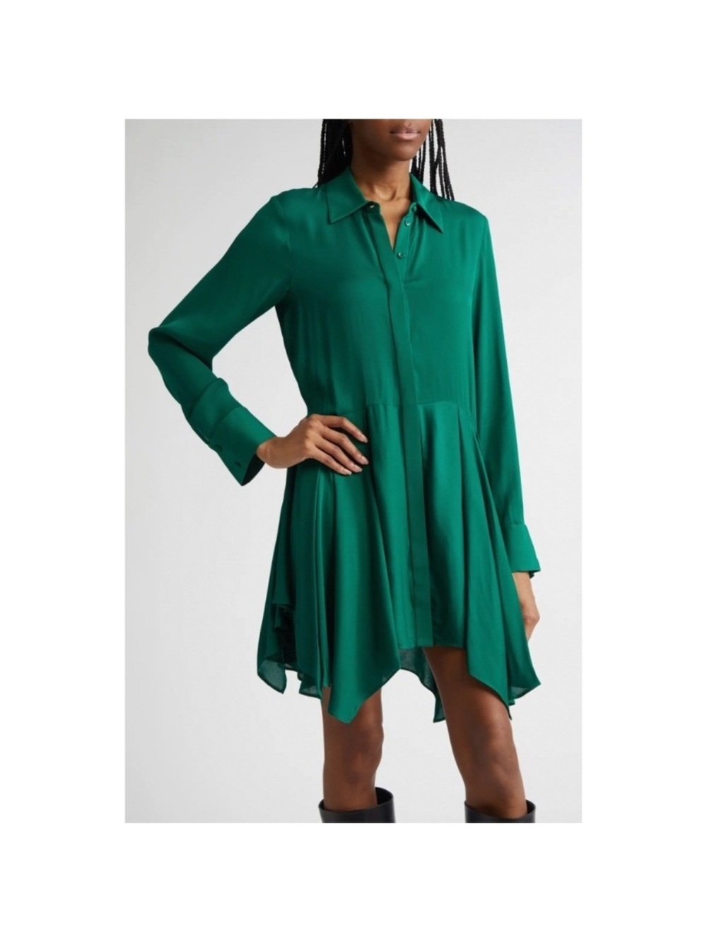 Alice and Olivia - Women's Green Shirt Dress - Elegant Flared Long-Sleeve